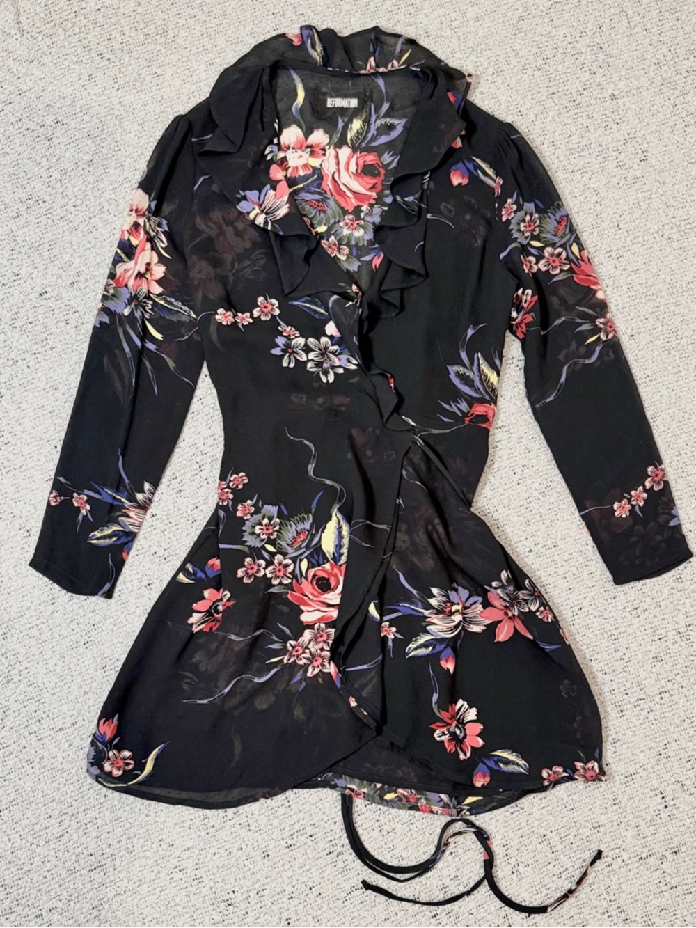 Reformation Black Floral Ruffle Wrap Dress Size S